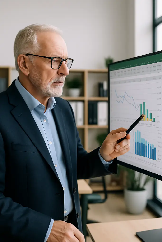 Ein &auml;lterer, m&auml;nnlicher Mitarbeiter zeigt auf einem Monitor und erkl&auml;rt ein Excel-Dashboard
