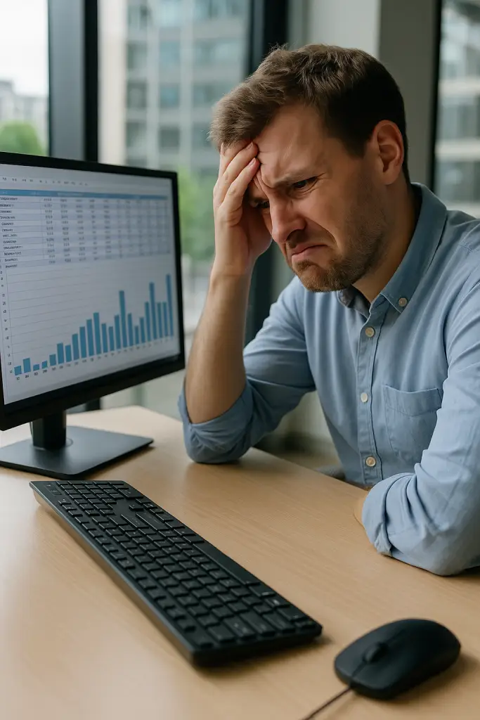 Frustrierter Mitarbeiter arbeitet ohne Power Query Excel an chaotischen Excel-Daten