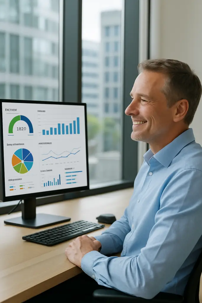 Zufriedener Mitarbeiter präsentiert ein Excel-Dashboard, das mit Power Query Excel aktualisiert wird