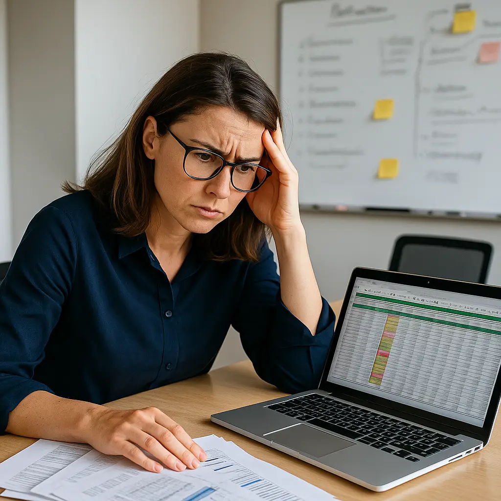 Schulungen - Eine frustrierte Mitarbeiterin sitzt vor ihrem Laptop mit einer überfüllten, bunt markierten Excel-Tabelle. Vor ihr liegen mehrere ausgedruckte Tabellenblätter – erkennbar genervt von Chaos und Zeitdruck.
