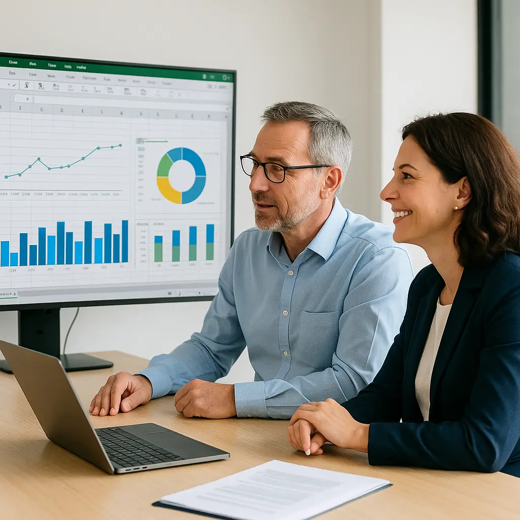 Mentor erklärt einer Kundin ein Dashboard auf einem großen Monitor; die Kundin wirkt zufrieden und versteht, was gezeigt wird.