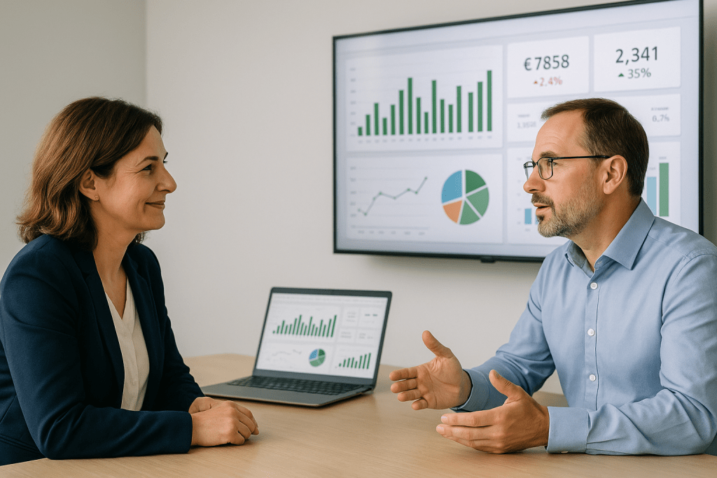Zufriedene Kundin im Gespräch mit dem Mentor. Beide schauen auf ein fertiges Excel-Dashboard auf dem Bildschirm – klar, strukturiert, professionell. Die Kundin wirkt erleichtert und motiviert.