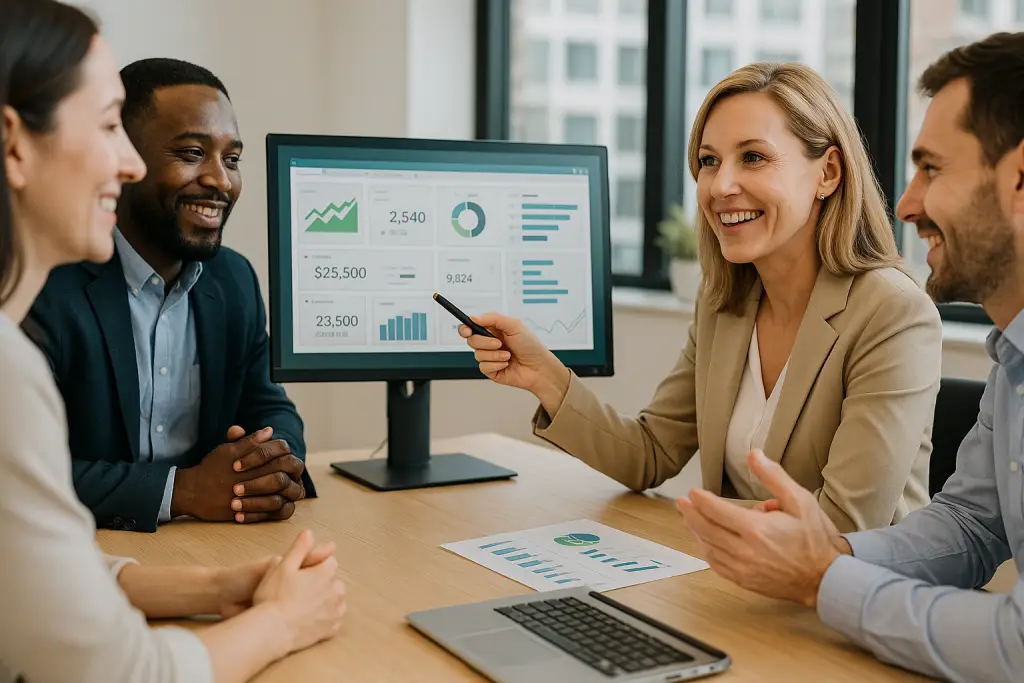 Vier zufriedene Mitarbeitende stehen vor einem großen Excel-Dashboard. Eine Mitarbeiterin präsentiert die Ergebnisse, die Stimmung ist konzentriert, positiv und professionell.