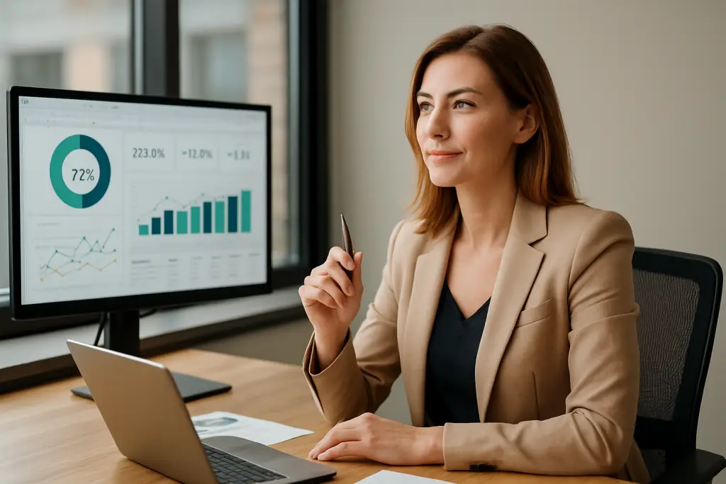 Zufriedene Kundin steht vor ihrem Excel-Dashboard. Die Darstellung ist klar, strukturiert und professionell. Man sieht, dass die Arbeit jetzt leicht von der Hand geht – ein sichtbarer Erfolg.