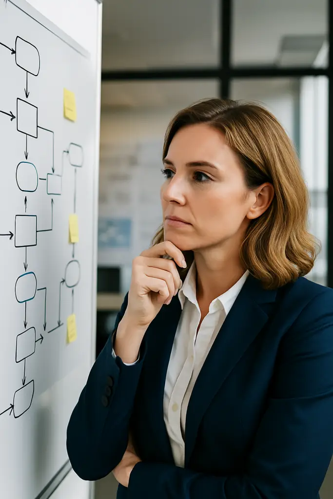Mitarbeiterin betrachtet ein Ablaufdiagramm – fehlender Überblick vor der Prozessdokumentation