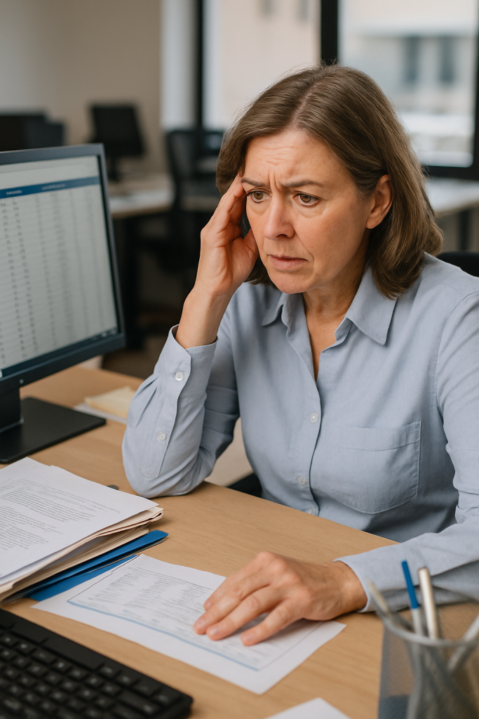 Frustrierte Mitarbeiterin kämpft ohne Prozessdokumentation mit unklaren Abläufen