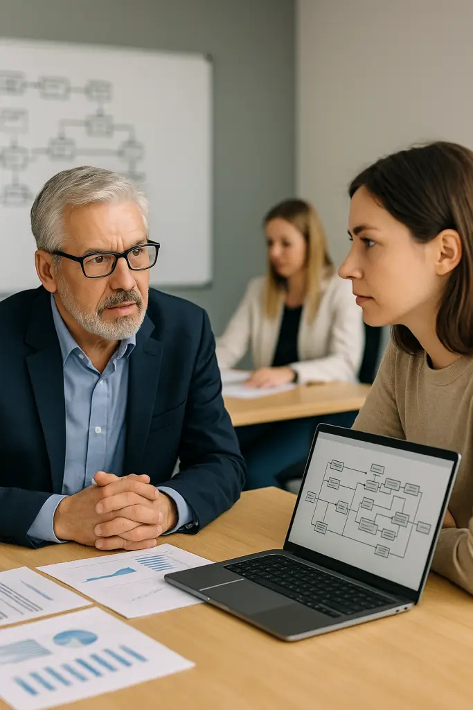 Mentor erklärt eine praxisnahe Prozessdokumentation anhand eines Ablaufdiagramms