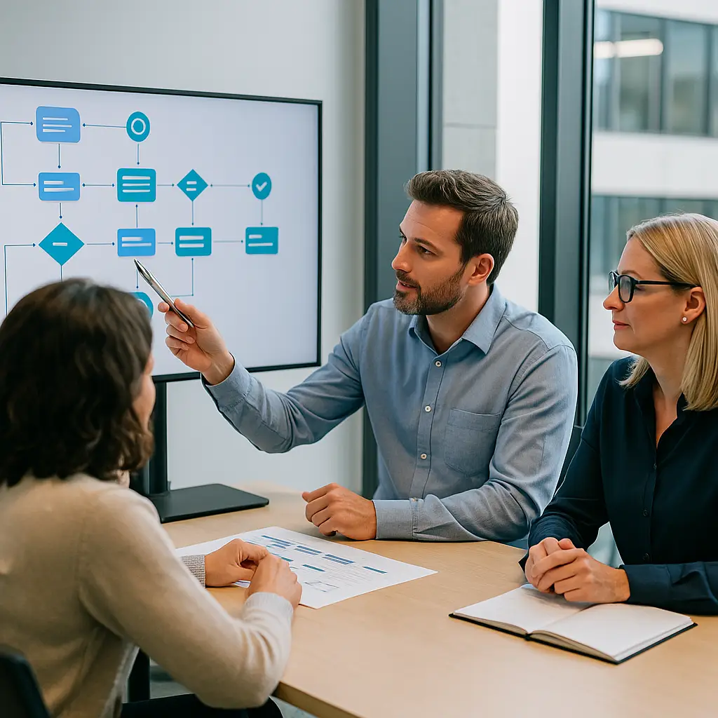 Mitarbeitende diskutieren ein Ablaufdiagramm – Einführung einer strukturierten Prozessdokumentation