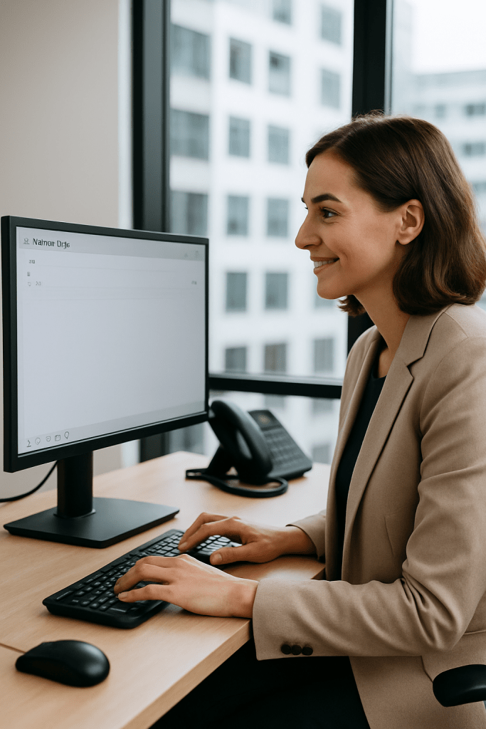 Zufriedene Mitarbeiterin arbeitet am PC – klare Abläufe dank Prozessdokumentation