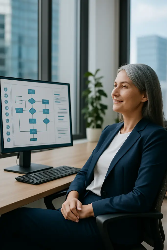 Zufriedene Mitarbeiterin arbeitet mit einem klaren Excel-Dashboard nach erfolgreicher Prozessdokumentation
