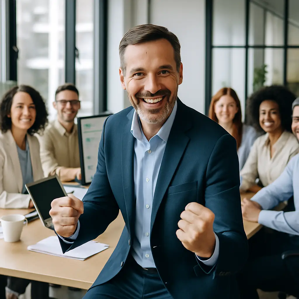Motivierter Mitarbeiter nach erfolgreicher Prozessdokumentation mit klaren Abläufen im Team