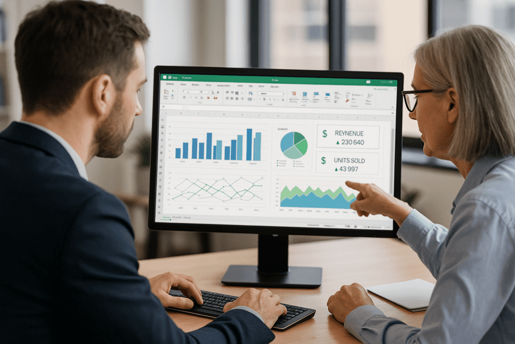 Zwei Mitarbeiter analysieren das Ergebnis eines Excel-Dashboard