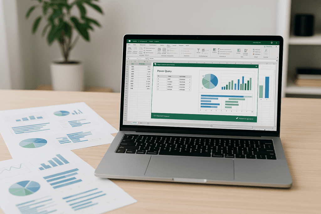 Ein Laptiop mit einer Excel-Arbeitsmappe und dar&uuml;ber schwebend das finale Dashboard schwebend dargestellt