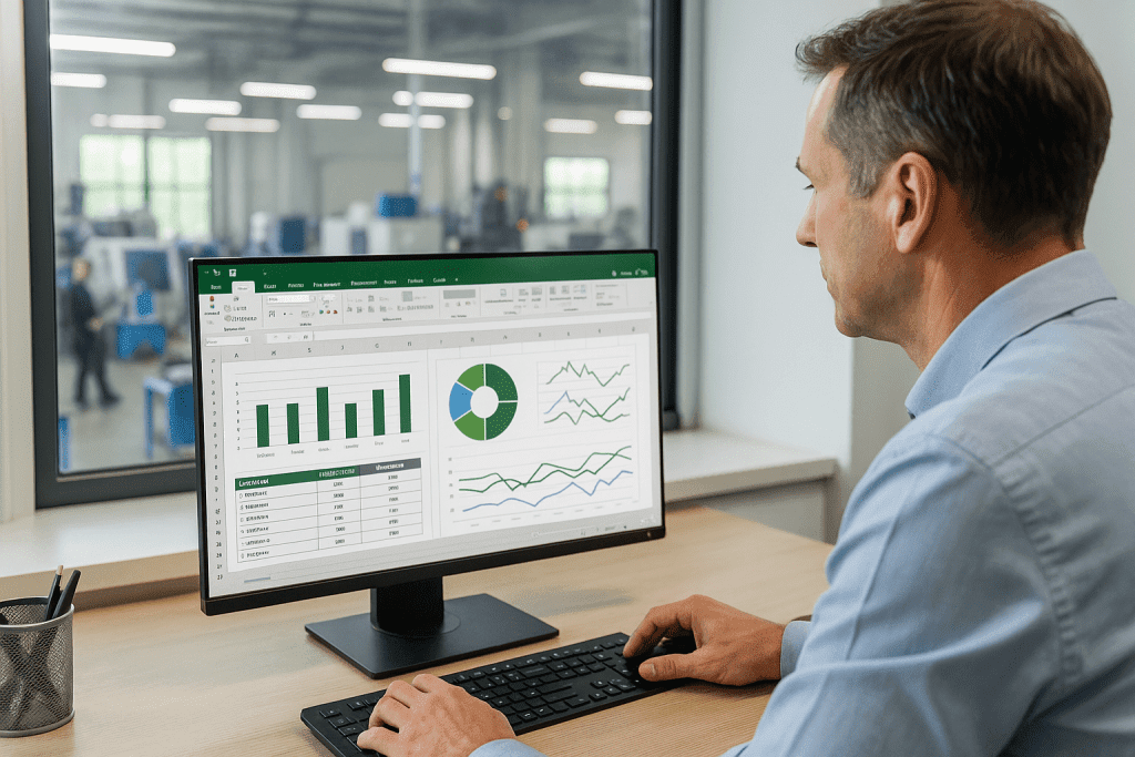 Ein Produktionsleiter sitzt vor seinem Excel-Dashboard und analysiert die zur&uuml;ckgemeldeten Betriebsdaten der Fertigungsanlagen