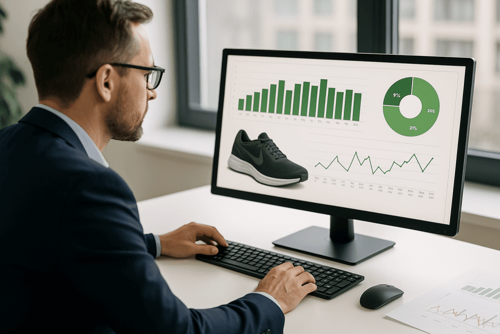 Vertriebsleiter sitzt vor seinem Excel-Dashboard und analysiert die Umsatz- und Absatzzahlen zu einem Produkt.
